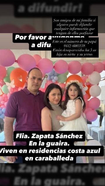 Maylin Sánchez , su hija Isabella zapata y su esposo libardo zapata
