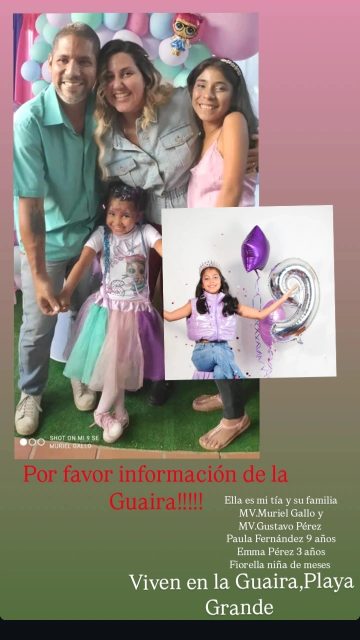 Muriel Gallo Gustavo Pérez Hijas: Paula Fernández 9 años , Emma Pérez 3 años, Fiorella Pérez meses  Domingo José y Marlene Gallo
